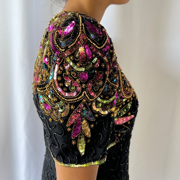 Vintage 80s Lawrence Kazar Embellished multicolor Sequin Cocktail Dress size PL - Picture 6 of 17